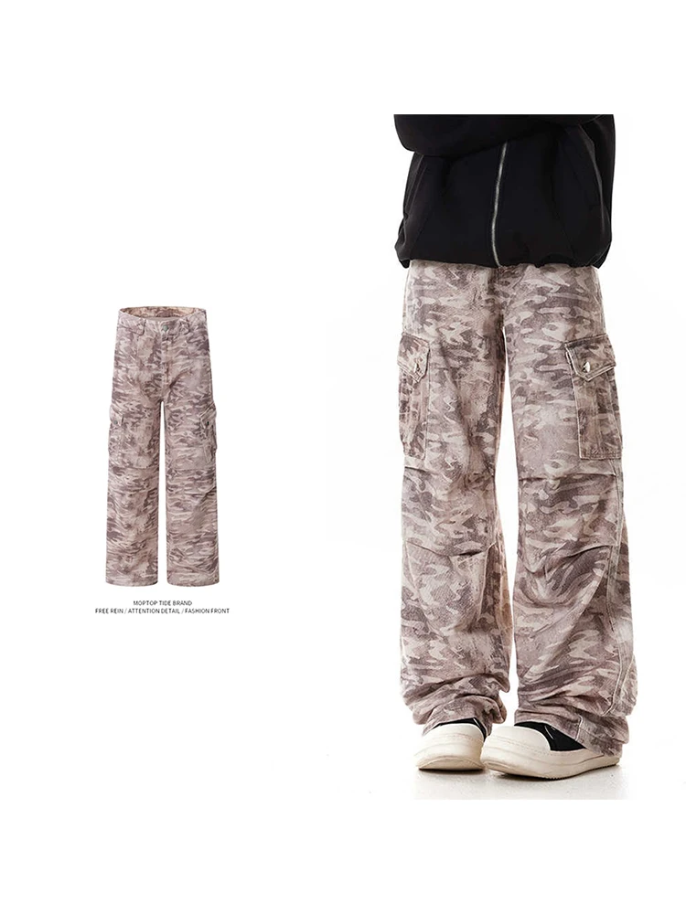

Камуфляжные рабочие брюки в стиле ретро, свободные прямые американские брюки с несколькими карманами и широкими штанинами, повседневные длинные брюки для мужчин и женщин