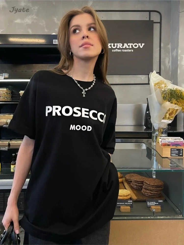 Prosecco Letter Print Fashion Summer T-shirts Cotton American Streetwear Women Tops 2024 New Short Sleeve O-neck Loose Y2K Tees