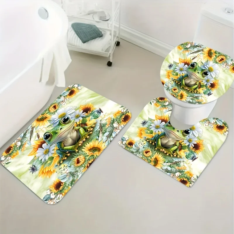 1/3/4PCs Sunflower & frog printed shower curtain set, waterproof shower curtains with 12 hooks, non slip carpet, toilet lid mat,