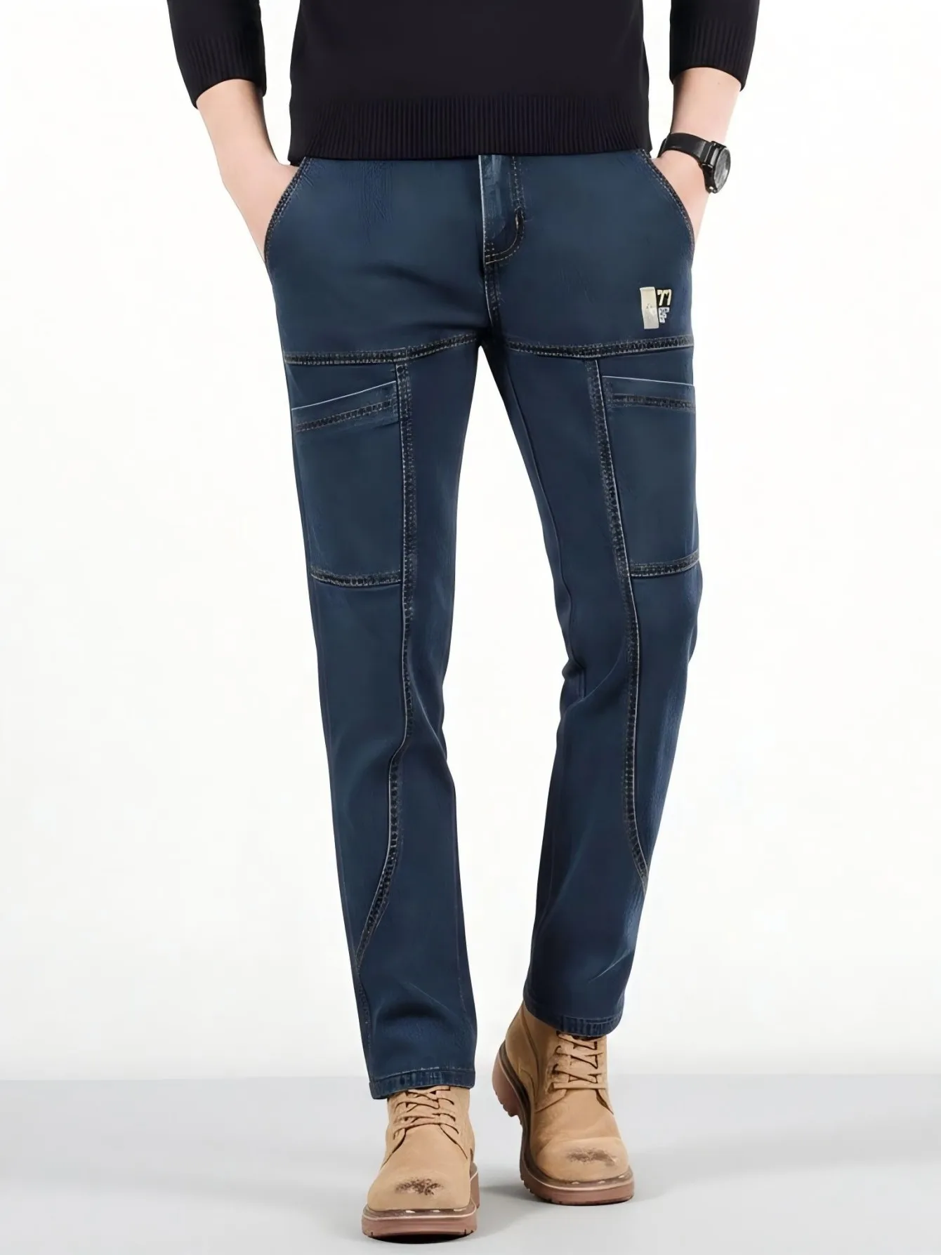 【HME】Men's jeans | Multi Pocket Cargo Denim Pants For Men, Straight Leg Denim Pants, Vintage Washed Denim Fabric, Decorative Patch Logo, Contrast Stitching, Casual Workwear Trousers, Male Daily Street Bottoms