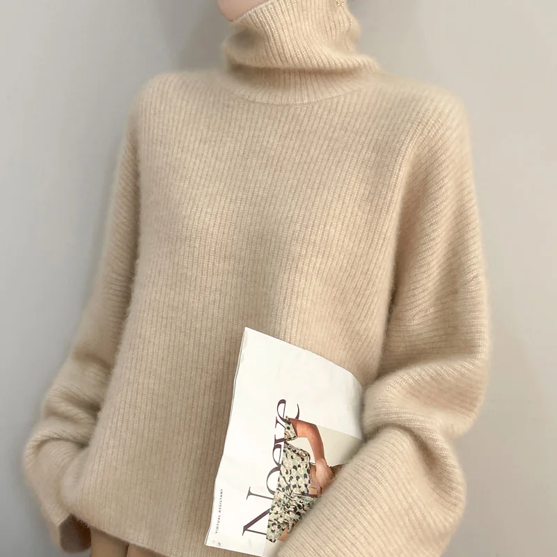 

Autumn and winter women's high neck 100% Australian wool sweater solid color knitted lazy loose short style new women's pullover