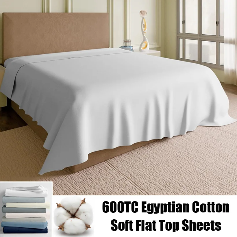 Soft 100% Egyptian Cotton Flat Sheet Only, 600TC Cotton Top Sheets Bed Sheets Bedsheet, Twin Full Double Queen Size Bed Linen