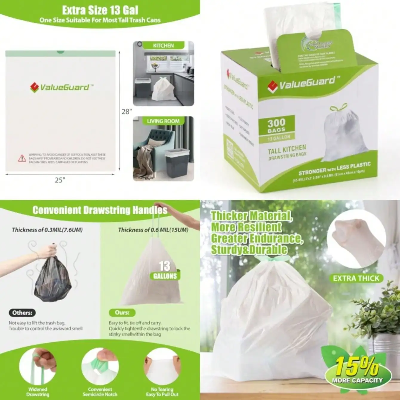 Large Trash Bags 13 Gallon Tall Drawstring 100% Post-Consumer Garbage Bag Waste Bag For Kitchen Office 0.6 Mil
