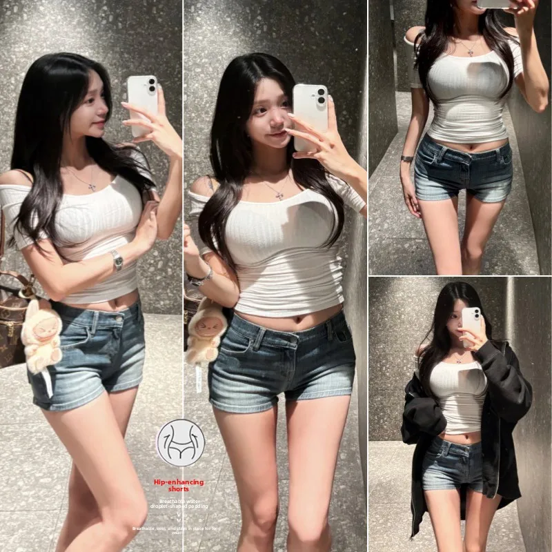 Slim Fit Low Waist Denim Shorts Real Fashion Korean Style Two Colors Cuffed  Thickened Hip Design Cotton Polyester Blend