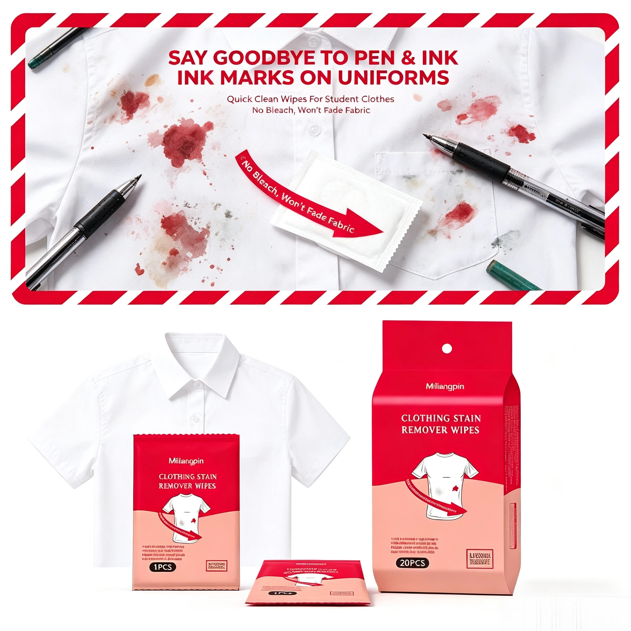 White T-shirt/White Shoe/Clothing Oil Stain Remover Wipes, Individual Small Packs for Easy Carrying and Storage