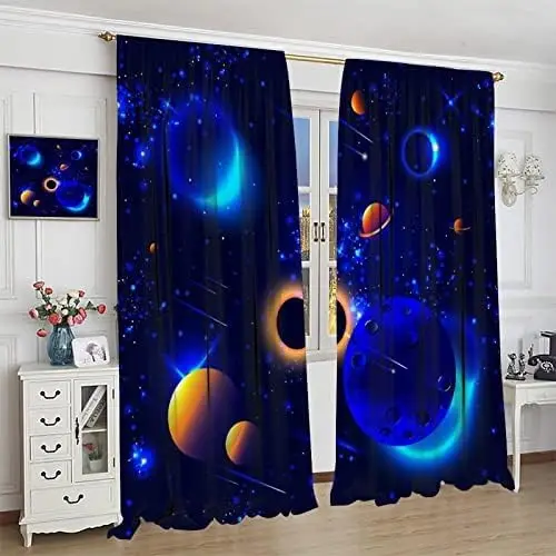 Outer Space Blackout Curtains Galaxy Solar System Planetary System Black and Blue Window Curtains Kids Boys Girls Room Bedroom