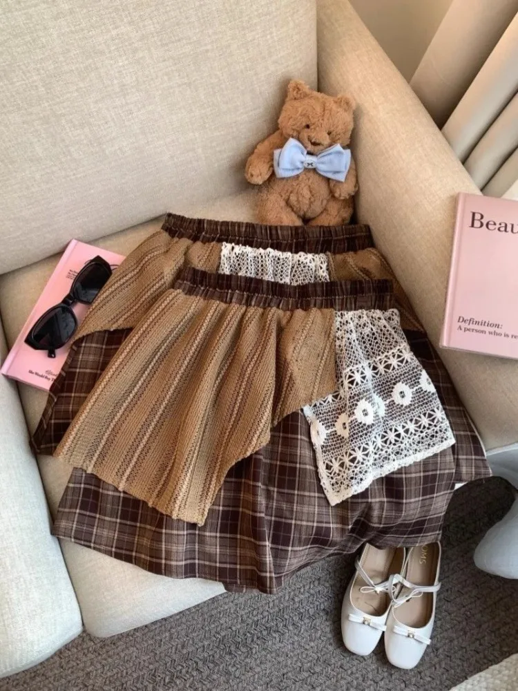 

Summer Plaid Patchwork Lace Skirt for Women High Waist A-line Flower Bud Short Skirts 2025 New Vintage All-match Faldas Mujer