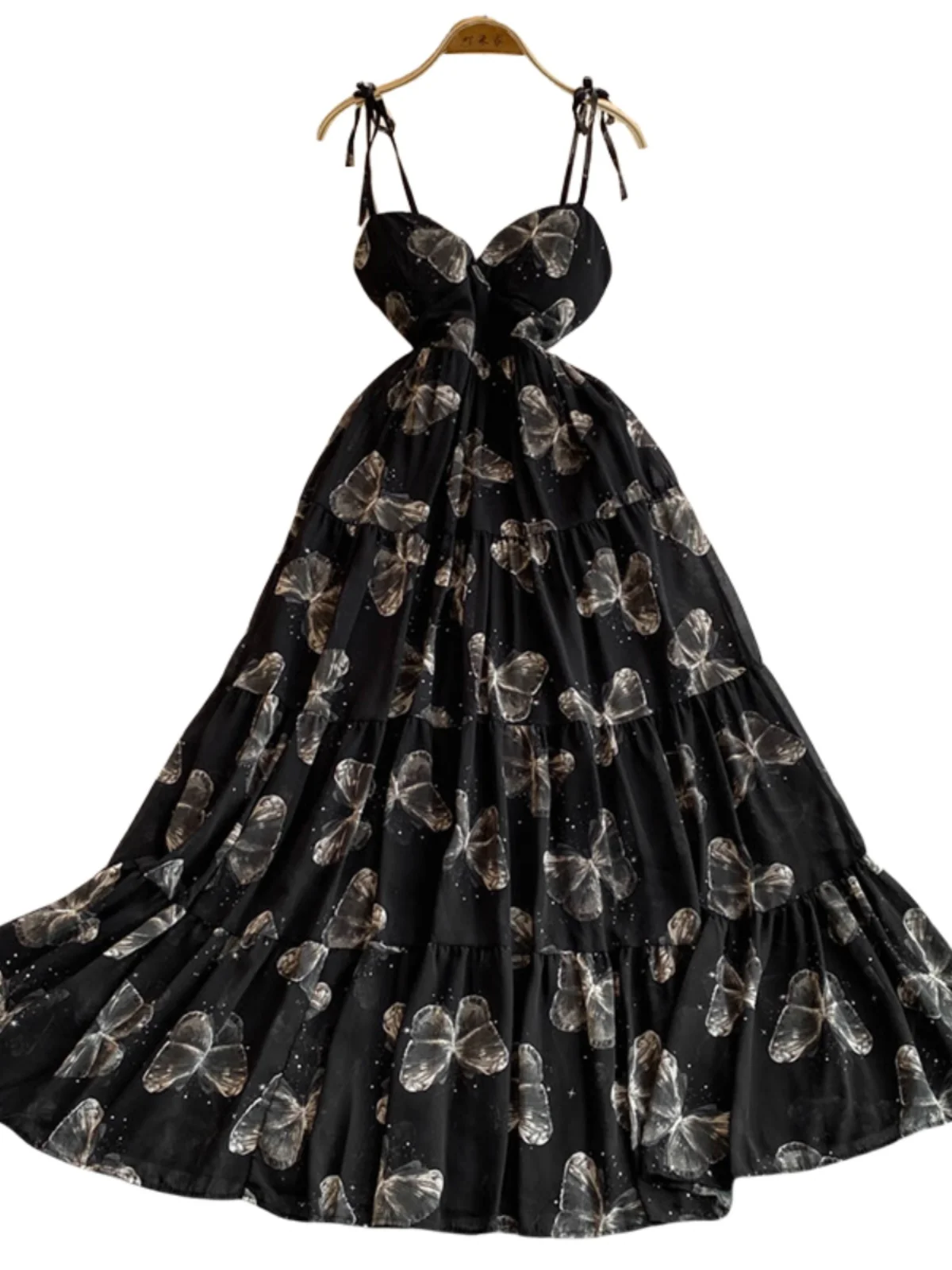 Chic Fashion V-neck Suspender Dress Women's Summer Vacation Wear Ruffle Edge Floral Chiffon Slim Long Dress Boho Beach Party