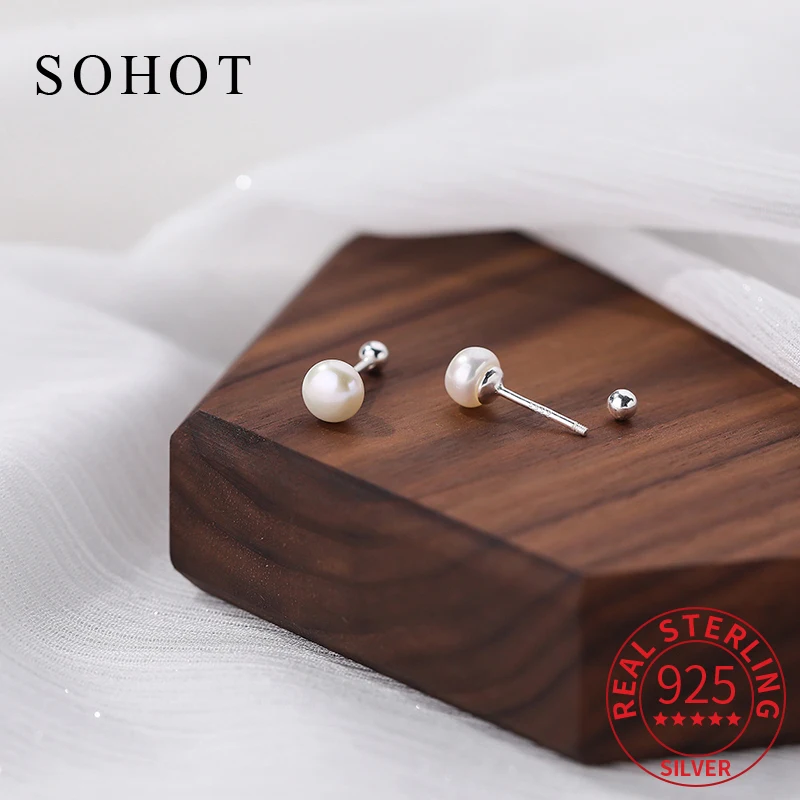 

Real 925 Sterling Silver Minimalist Pearl Stud Earrings For Charm Women Elegant Fine Jewelry Piercing Screw Bead Accessories