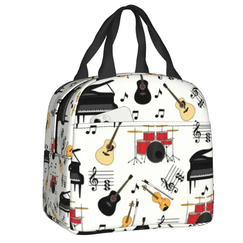 Musical Piano Guitar Musical Notes Drums Insulated Lunch Tote Bag for Women Thermal Cooler Lunch Bag School Food Container Tote