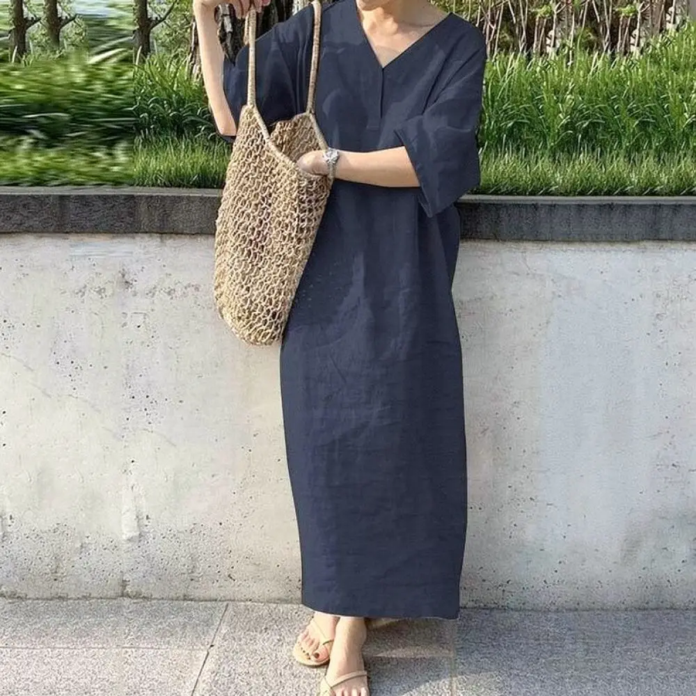 Elegant Womens Maxi Dress V Neck Short Sleeve Loose Cotton Linen Blend Solid Color Casual Comfortable Plus Size Summer Vestido