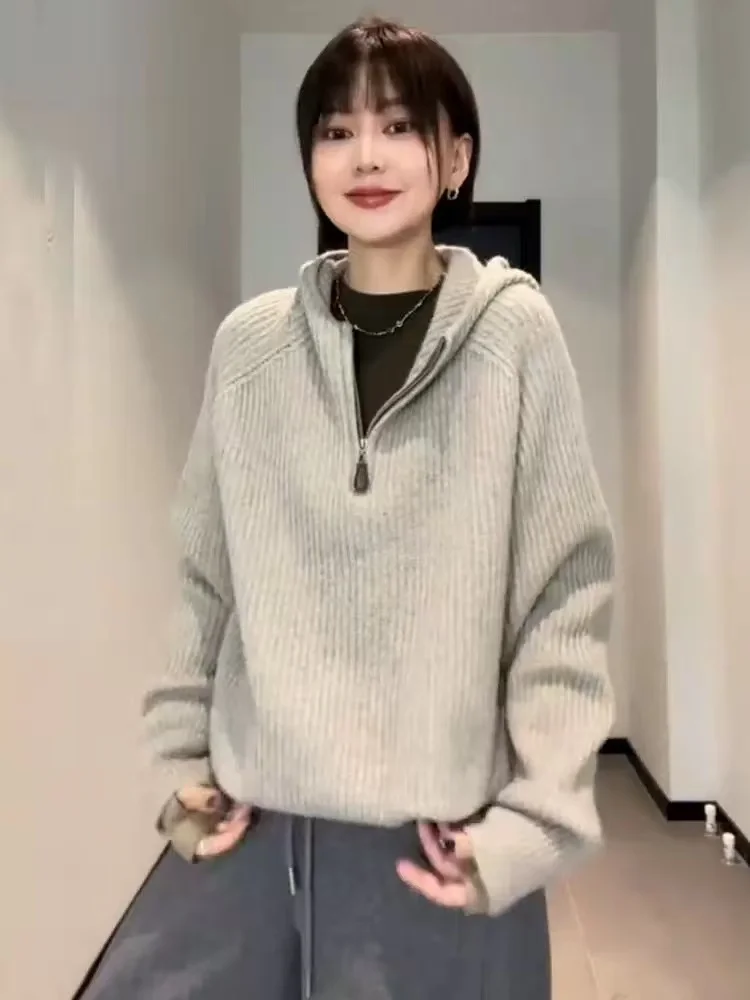 Half-zipper 100% wool women's hooded loose casual daily knitted fashion versatile top