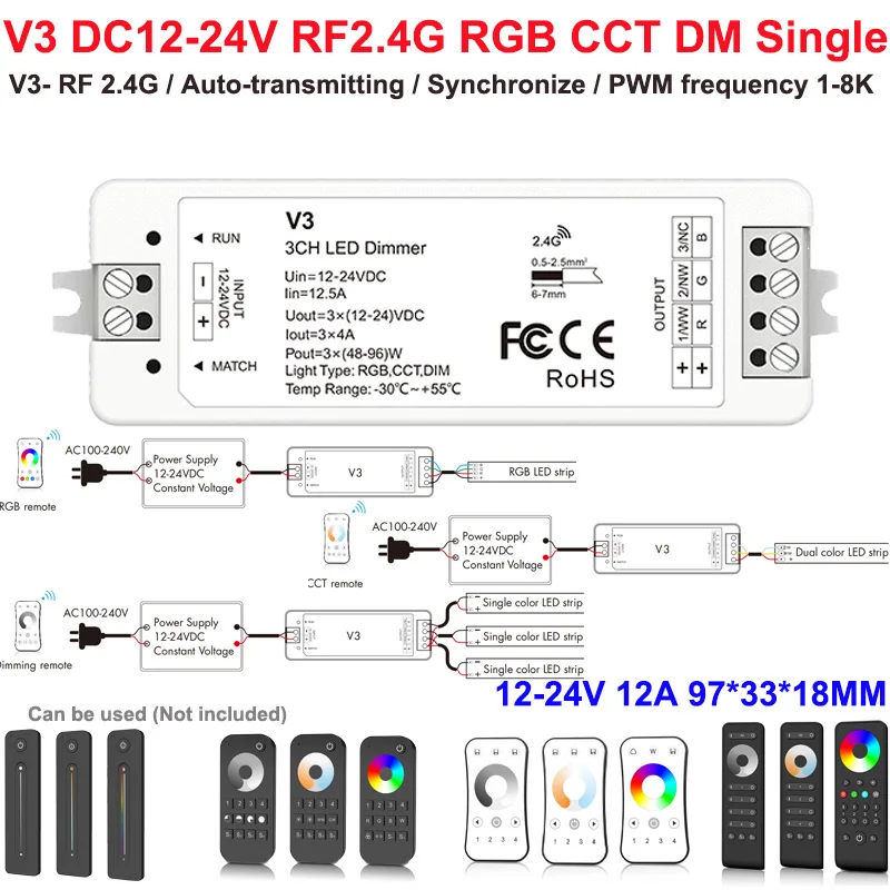 Skydance V5-M RGBCCT LED Controller 12V 24V 5CH RGBCCT RGBW RGBWW LED Strip Light Controller 2.4G RF Wireless Remote Control Set