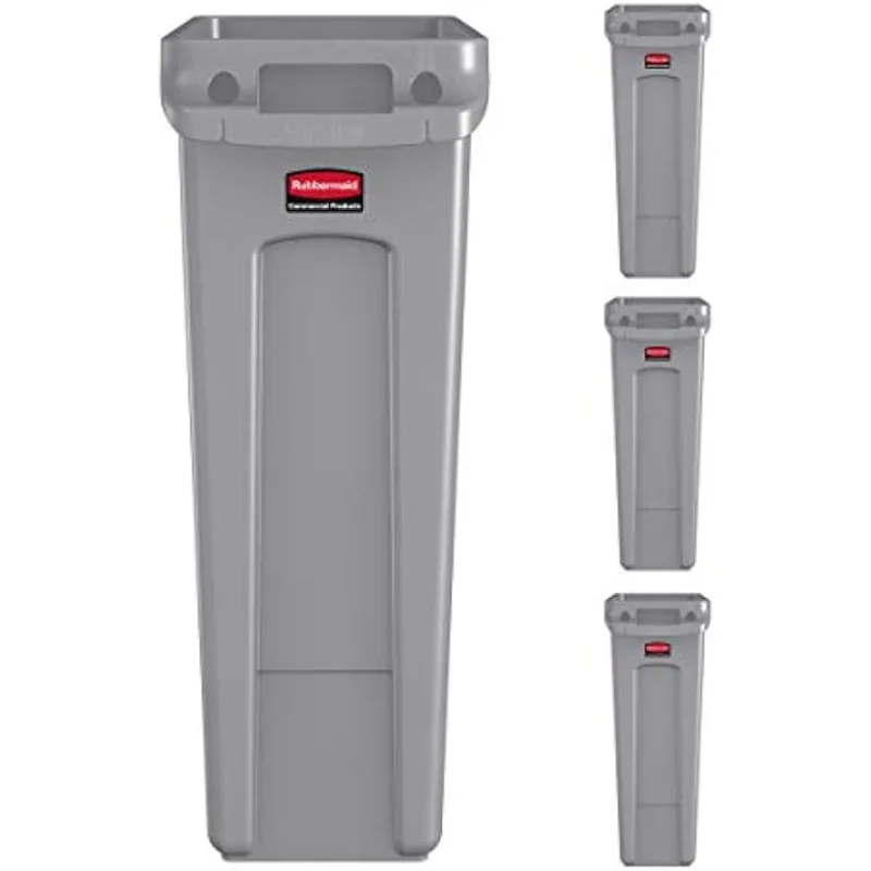 

Rubbermaid Commercial Products Slim Jim Trash Can Waste Bin with Venting Channels, Gray, for Kitchen/Office/Workspace, Pack of 4