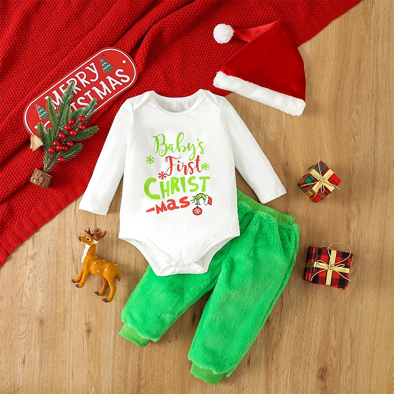 

2023-09-27 Lioraitiin 0-12M Baby Boys Christmas Clothes Sets Long Sleeve Letter Print Romper Green Plush Pants Santa Hat Sets