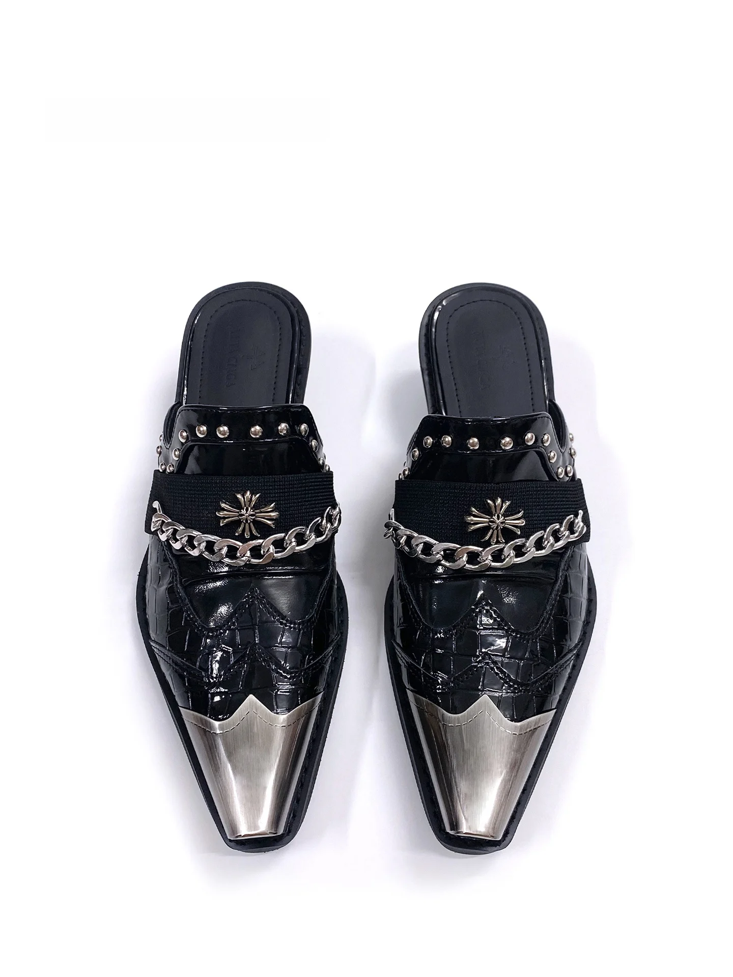 

Original Design Folded Pointed Toe Mules Women's Retro Style Black Metal Chain Rivet Decoration Semi Slippers Fashionable Sin...