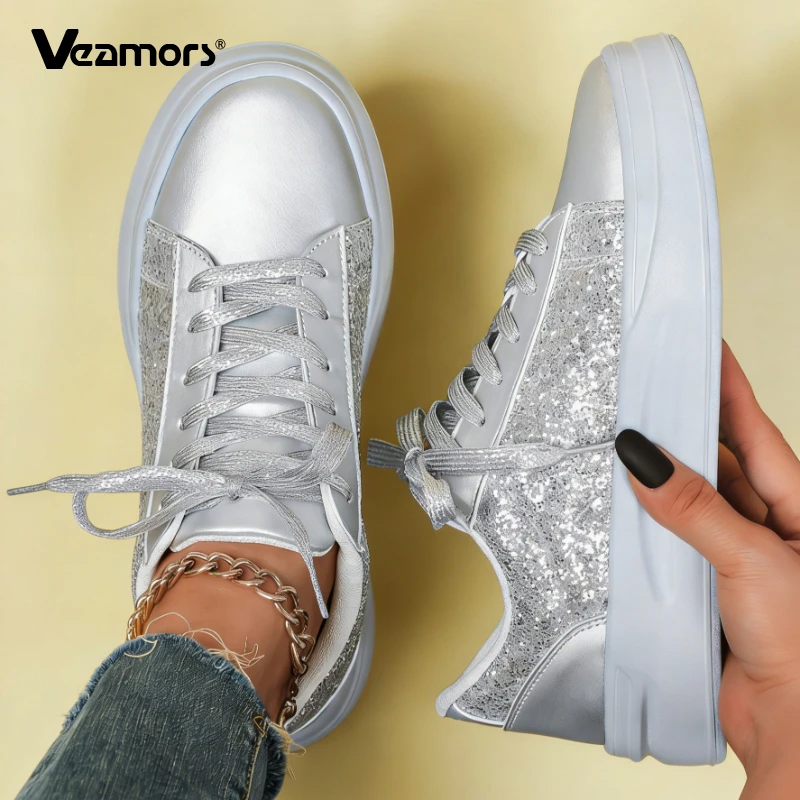 

Женские туфли VEAMORS на плоской подошве, модные туфли с блестками, повседневная обувь для прогулок, низкие повседневные спортивные туфли, нескользящие.