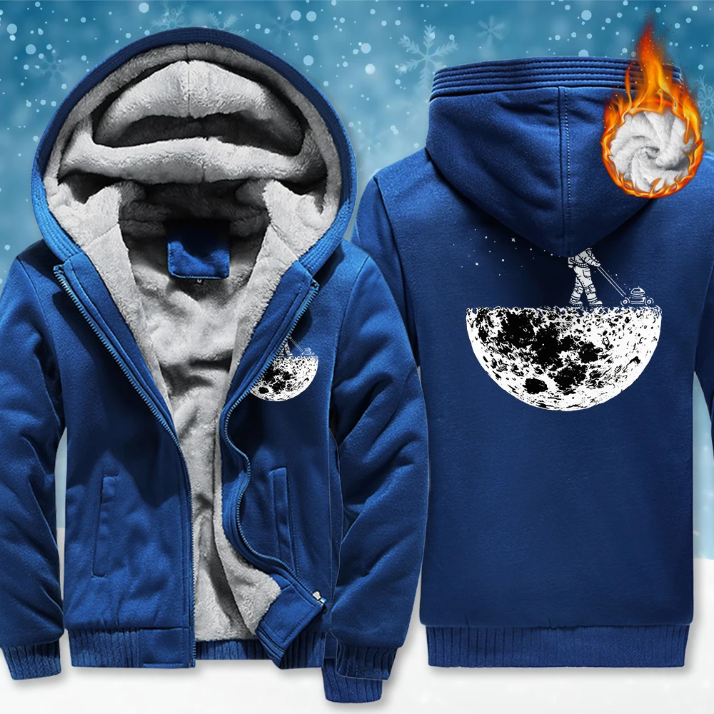 

Astronaut Mowing The Moon Print Zipper Pocket Coats Men Street Fleece Thicken Hoody Fashion Casual Clothing Winter Loose Top