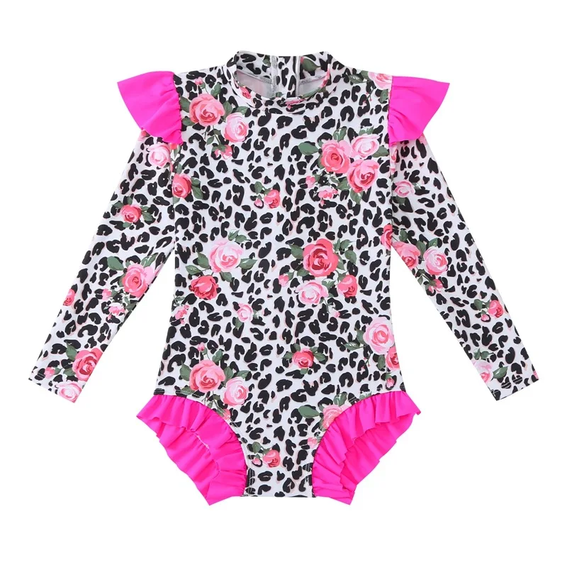 Leopard Girls One Piece Swimsuit 5-14 Year Kids Surf Suit Teenage Children\'s Swimwear 2024 Long Sleeve Bathing Suits Beach Wear