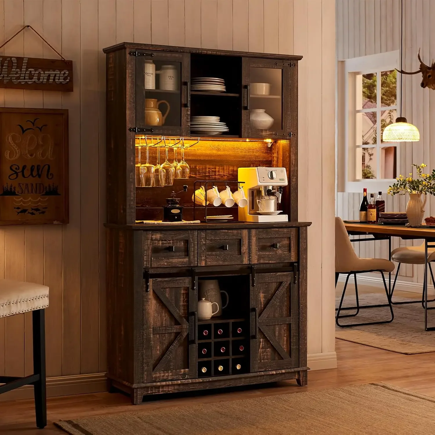 AMERLIFE-Armoire de café-bar avec porte de grange market, 72 en effet, buffet de cuisine de ferme, table de rangement de planche, porte-verres à vin