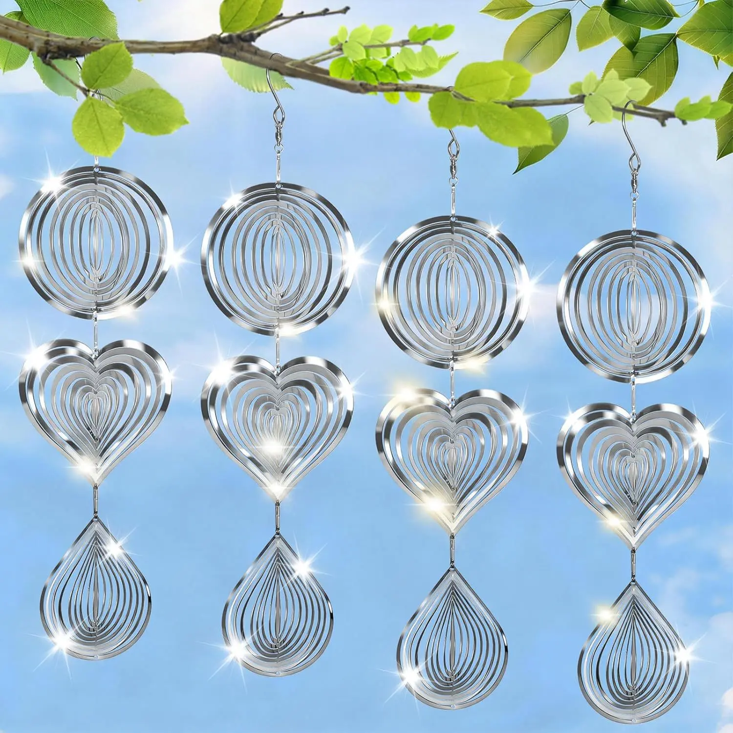 Stainless Steel Reflective Bird Repellent with Hook 3D Rotating Round Heart Wind Chime Bird Deterrent Farm Garden Hanging Decor