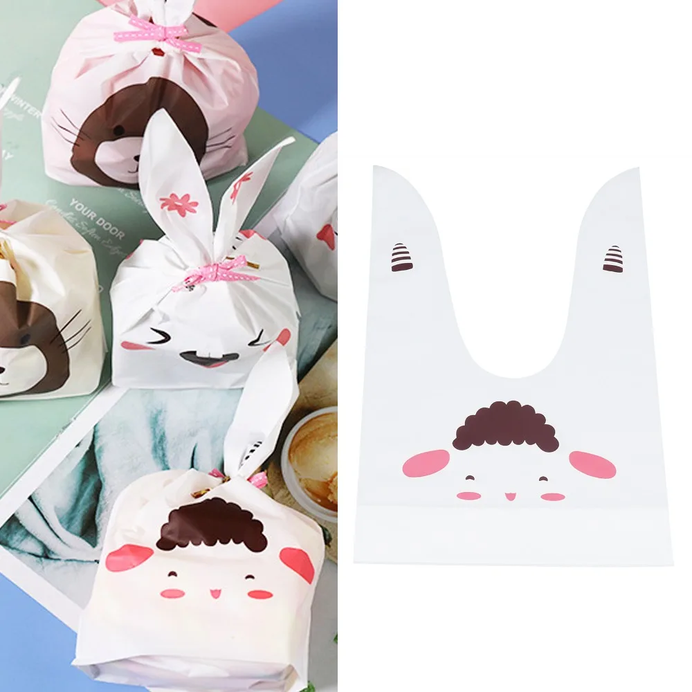 50PCS EVA Treat Bags Bunny Sheep Mouse Print Tie Closure Easter Candy Bags Long Ear Snack Packaging Bag Easter Party Favor