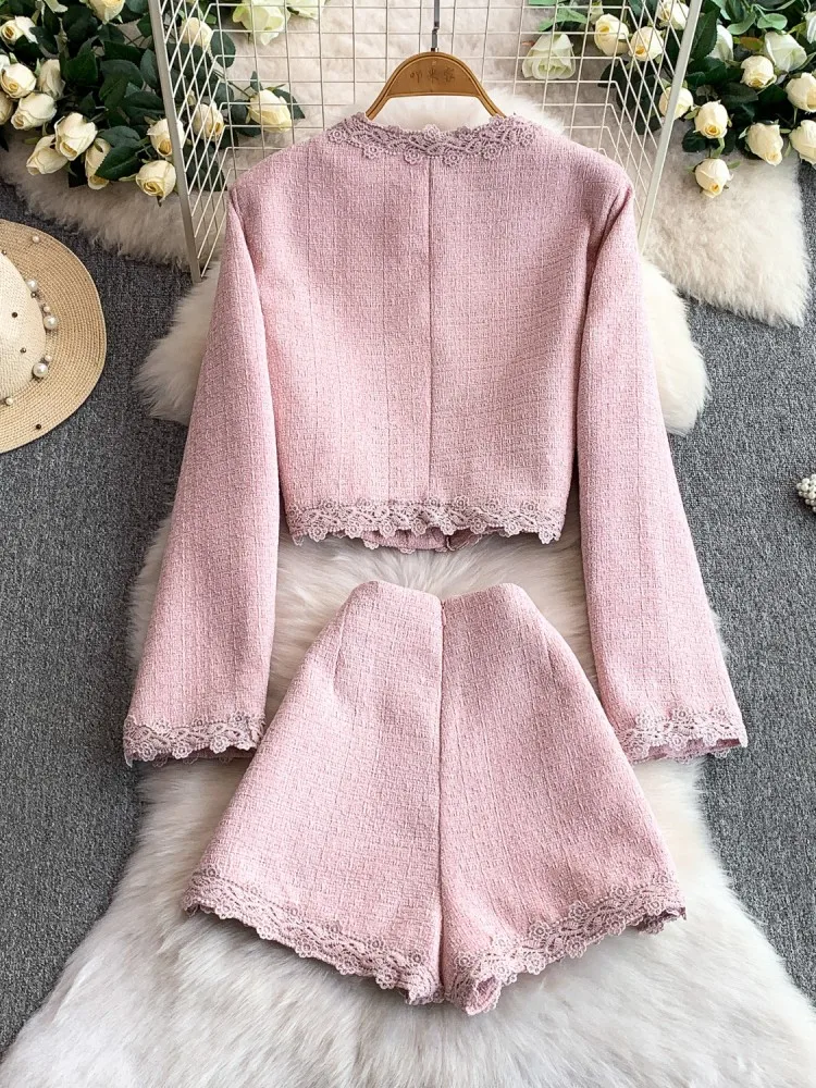 Women O-Neck Short Tweed Jacket Sets Lace Spliced Appliques Outerwear Matching Set Work Ladies Above Knee Length Shorts Outfits
