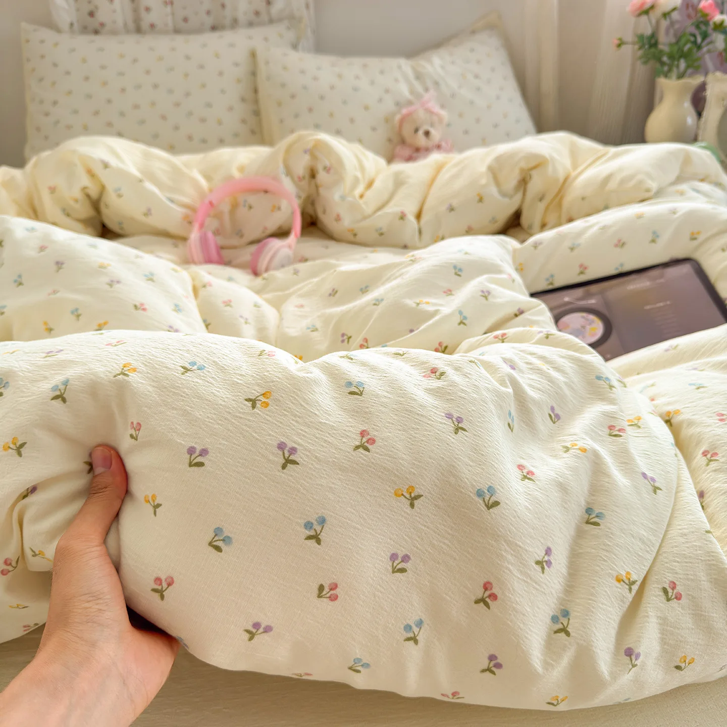 Four-piece set of pure cotton cotton double-layer yarn, bed sheet quilt cover, new dormitory three 4-piece set
