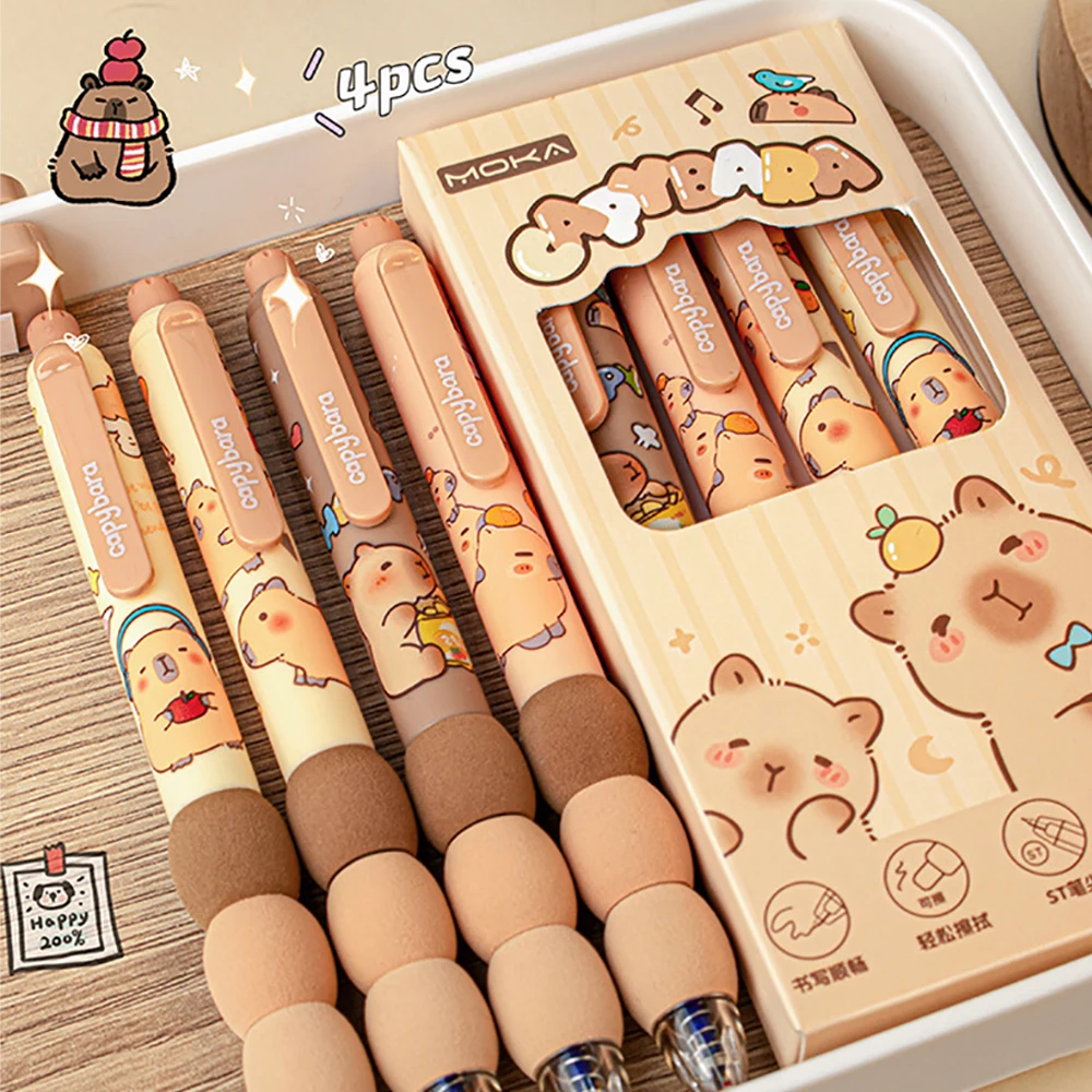 4Pcs 만화 귀여운 Capybara 지울 수있는 젤 펜 Kawaii 빠른 건조 쓰기 부드럽고 우아한 중립 펜 미적 편지지