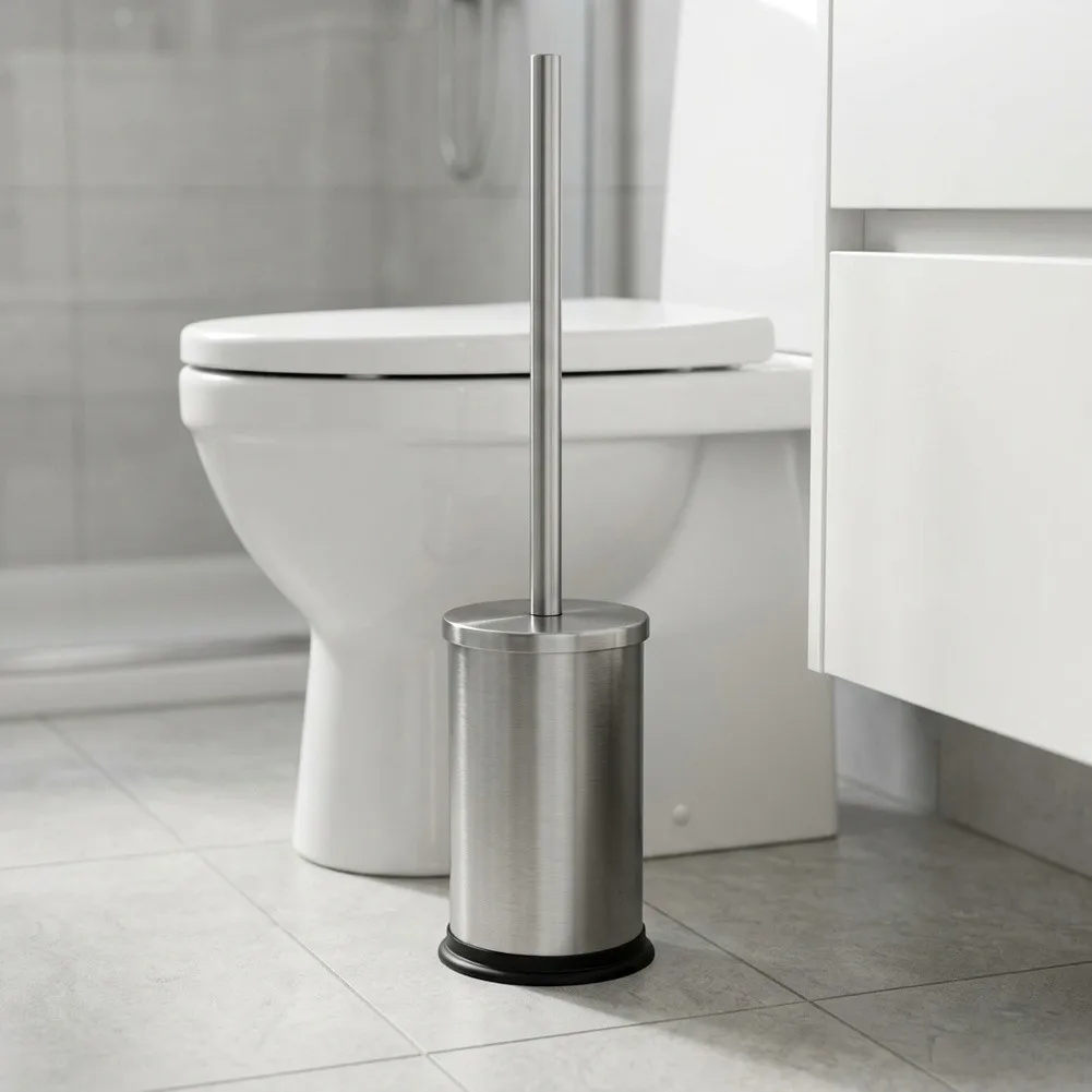 Toilet Brush Set in Stainless Steel with Recessed Inner Container and Exposed Brush Mount for Rapid Drying Cycle
