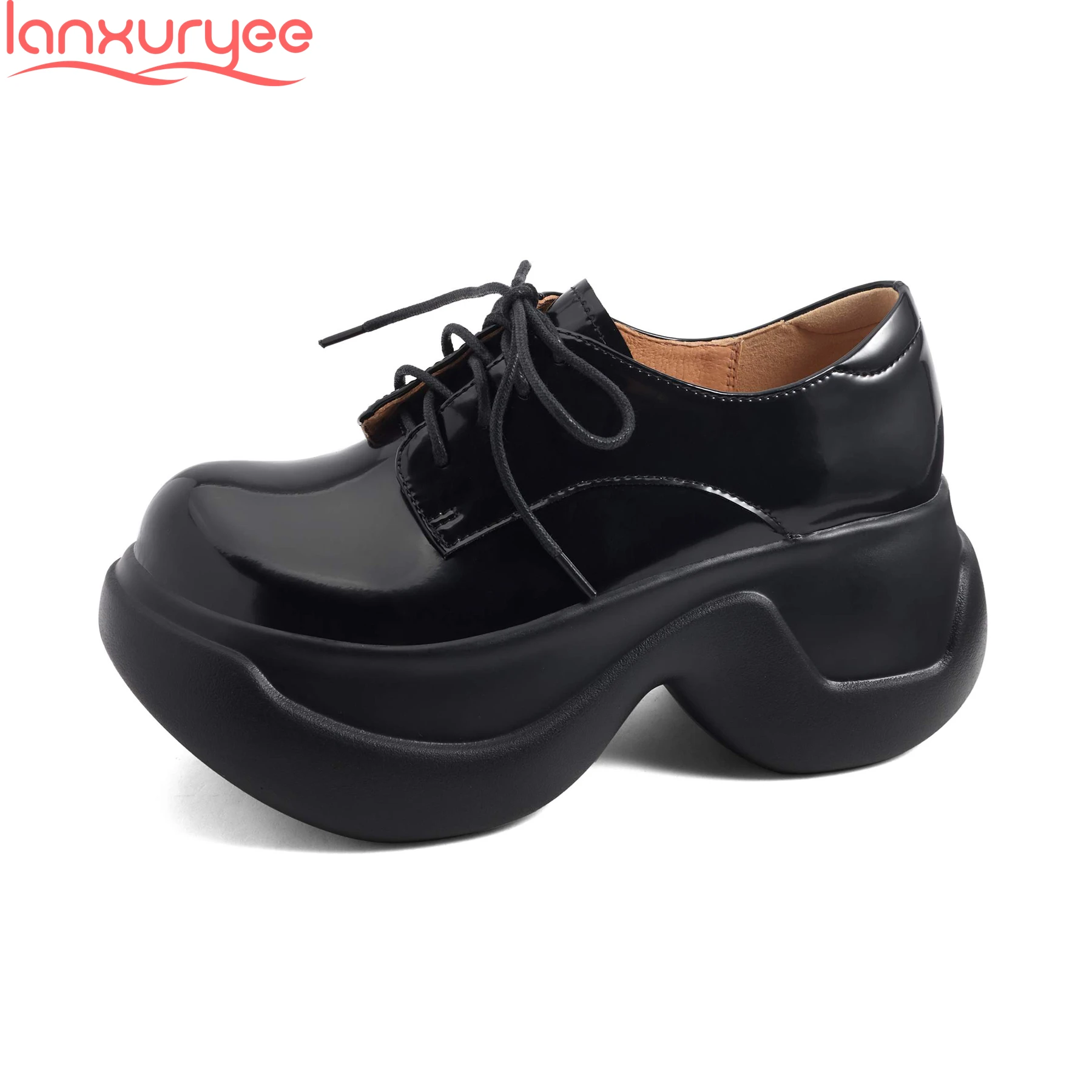 

Lanxuryee Cow Leather Round Toe High Heels Lace Up Thick Bottom Platform Loafers Luxury Increasing Sneakers Casual Women Pumps