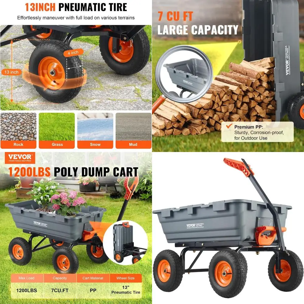 1200 lbs Capacity Garden Dump Cart with Convertible Handle and All-Terrain Wheels, Heavy-Duty Yard Utility Trailer for Lawn Mowe