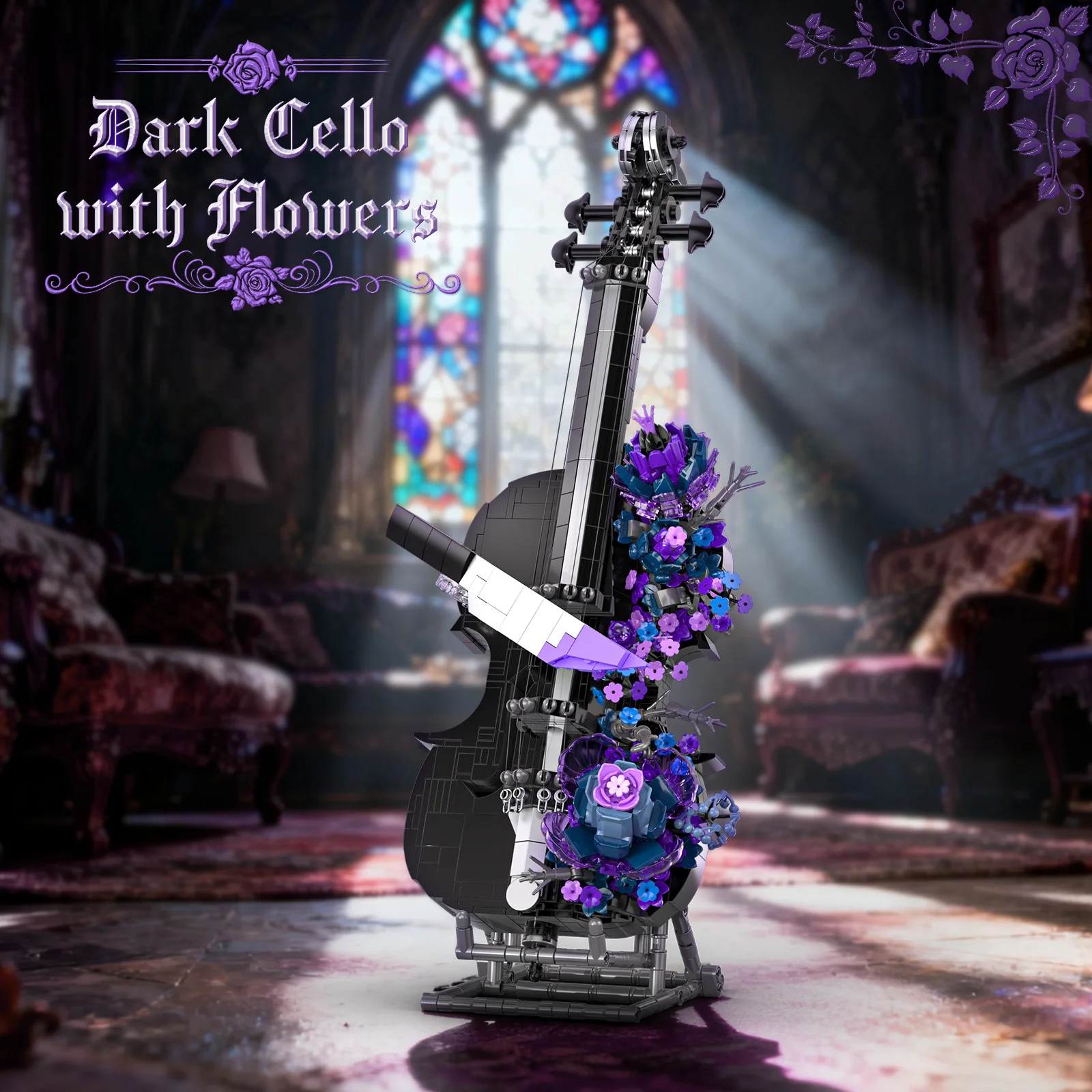 JAKI Dark Cello Building Blocks Set MOC Gothic Flowers Purple Halloween Christmas Violin Model Kit STEM Toy Display Gift for Music Lover Valentine Mother's Day Anniversary Crystal Skull Rose Art Ornament Shelf Decor Gift for Adults Teens Collectors