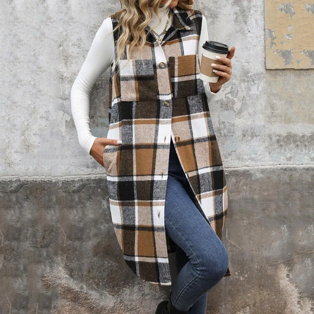 

Women Coat Plaid Print Women's Long Vest with Breast Pockets Stylish Outerwear for Daily Wear Work Dating Sleeveless Vest