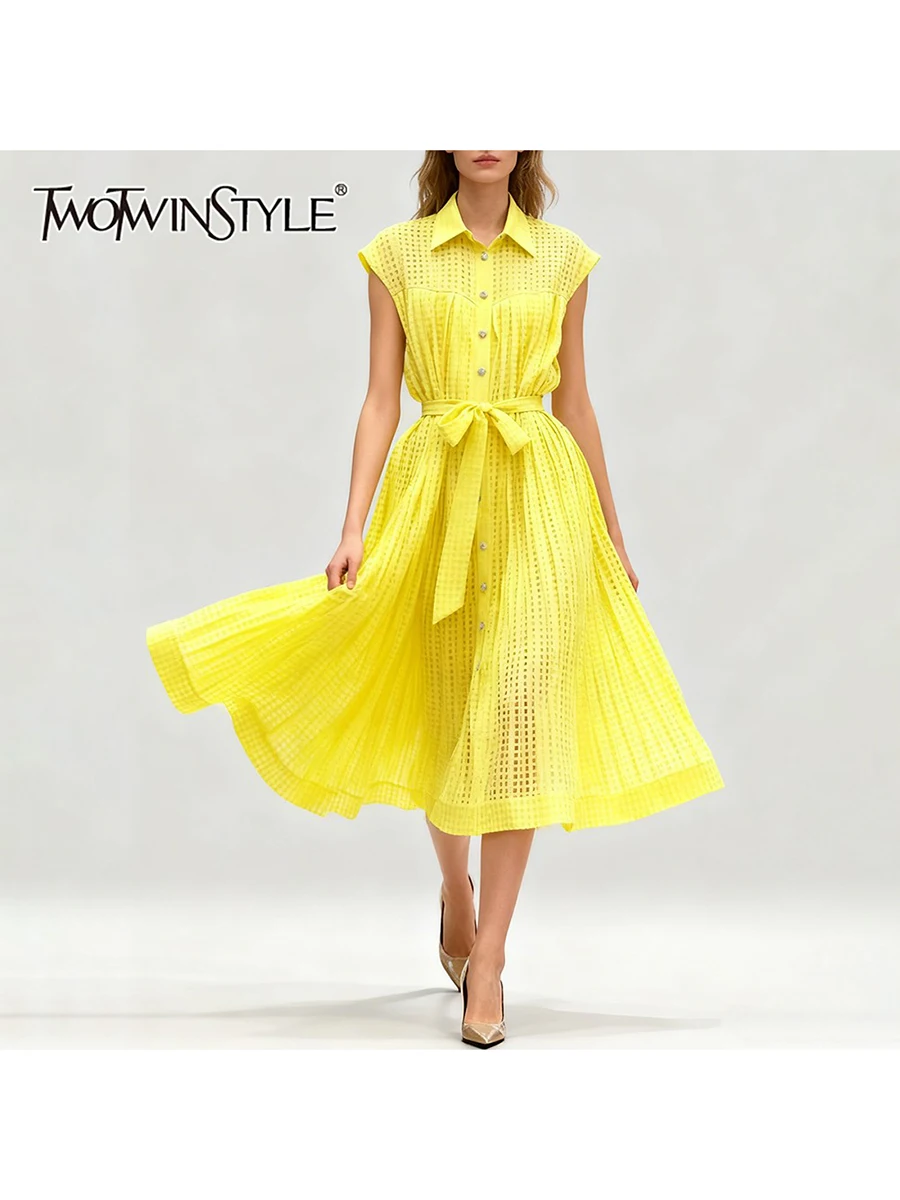 TWOTWINSTYLE Solid Sheer Spliced Shirring Casual Dresses for Women Lapel Sleeveless Patchwork Single Breasted Dress Female New