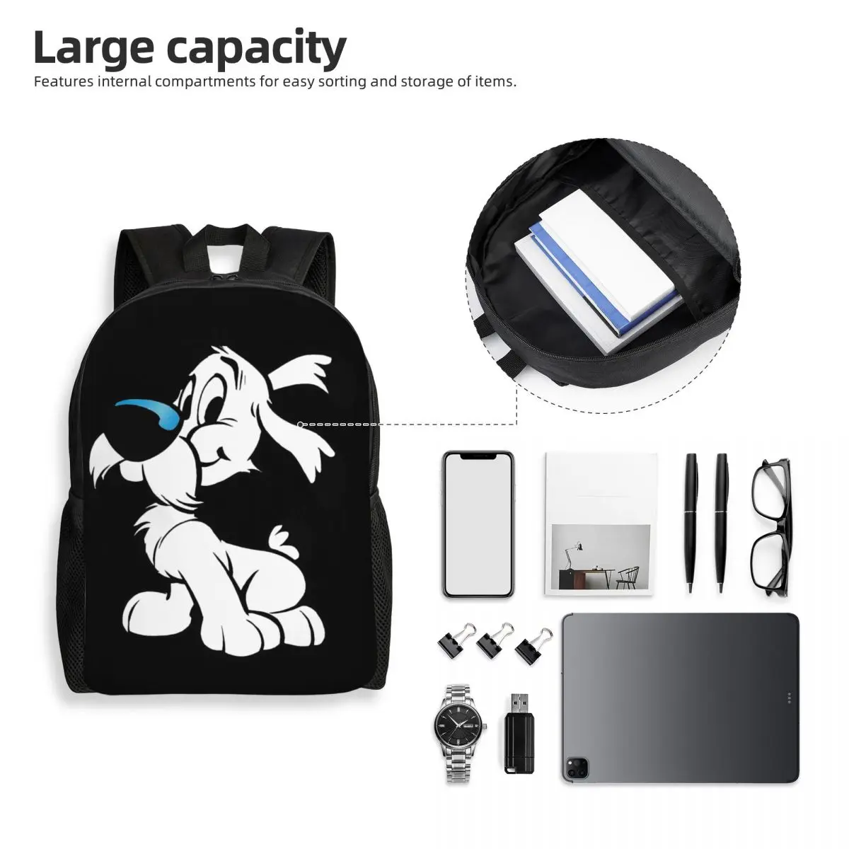 Mochilas Escolares Asterixs para Homens e Mulheres, Bookbag Fits 15 "Laptop, Engraçado Openable Cartoon Dog Idefix Bags