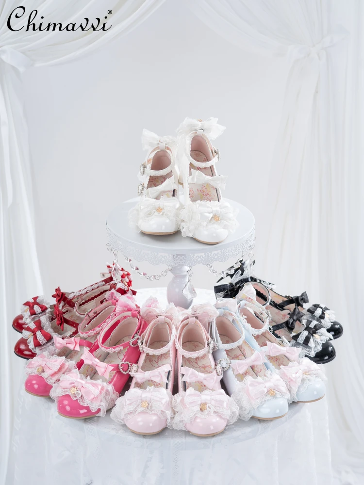 

Original Heel Sweet Round Toe Lo Shoes Single Shoes 2026 New Cute Bow Lace Girls Princess Elegant High Heels Pumps Women