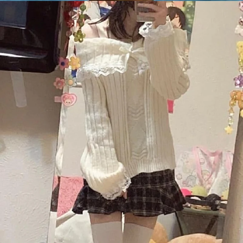 Y2K Cute Pink Sweater Sweet Pullovers Long Sleeve Bow Lace Patchwork Pullover Women Off Shoulder Knit  Jumpers Streetwear