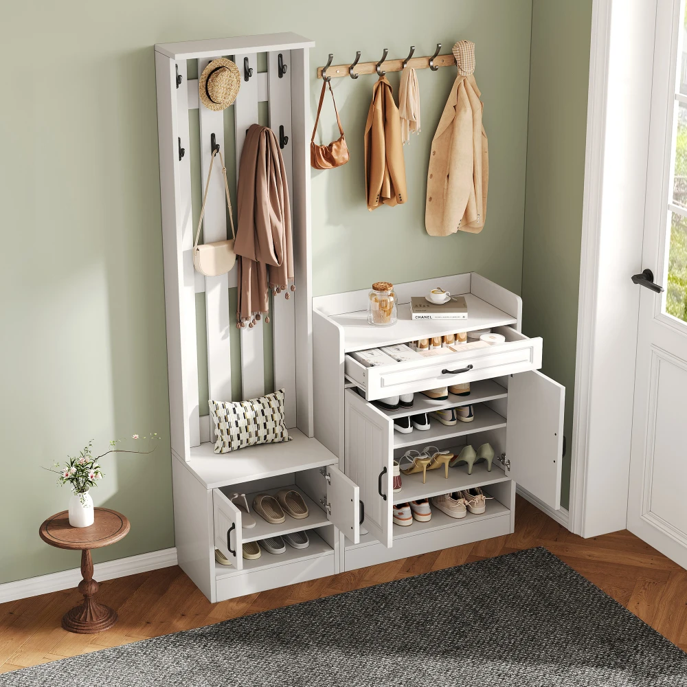 PINGGO Garderobenset, Wandschrank mit Schuhregal, 8 Haken, 4 Türen, 1 Schublade, weiße Flurmöbel, 125 x 36 x 190 cm – Detail 11