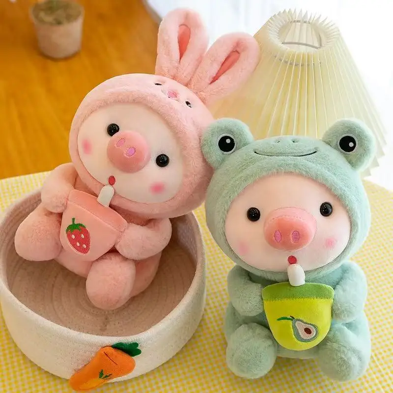 Cute Milk Tea Pig Plush Toy - Cartoon Animal Transformation Stuffed Doll, Kawaii Frog Plushie, Soft Hugging Pillow Gift