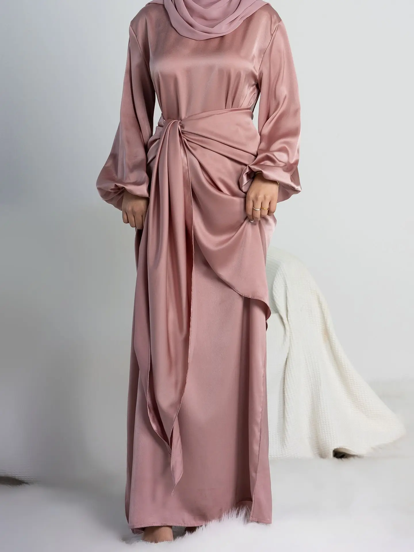 Ramadan Eid ShinyTwo Pieces Sets Djellaba Muslim Dress Dubai Fashion Glossy Satin Abaya Muslim Robes Islam Robe WY1294