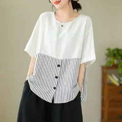 Korean Retro Women's 2024 Summer New Patchwork Pullover O-Neck Button Stripe Fashion Loose Minimalist Casual Short Sleeve Tops