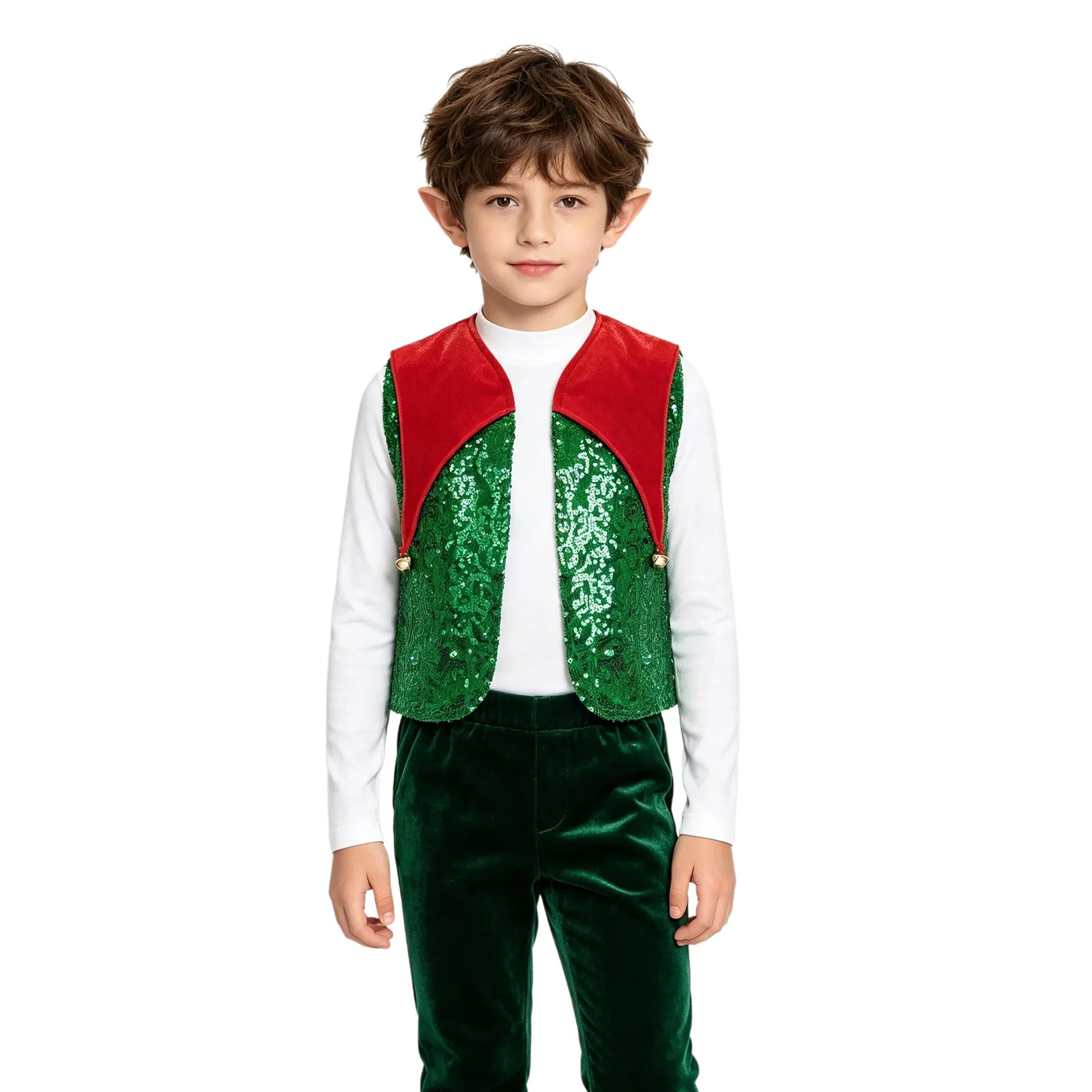 Kid Christmas Santa Elf Costume Velvet Panel Bell Sequin Vest Open Front Jazz Dance Choir Waistcoat Holiday Cosplay Party Outfit