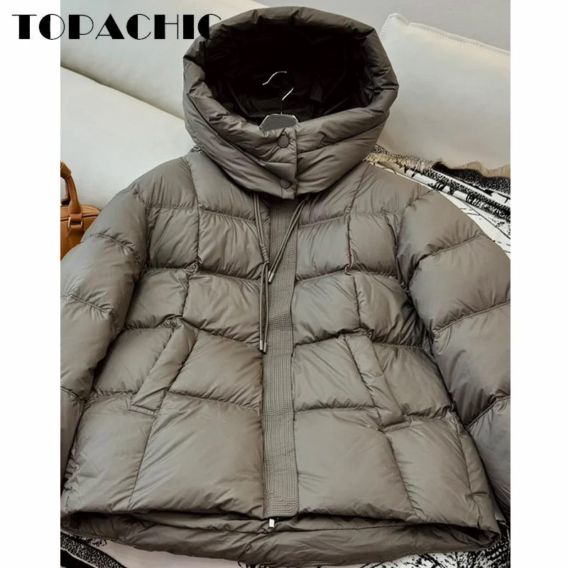 9.5 TOPACHIC-Women 2024 Winter New Hooded Loose Bread Short Down Jacket Lace-up Decoration Thick Keep Warm Goose Down Outerwear