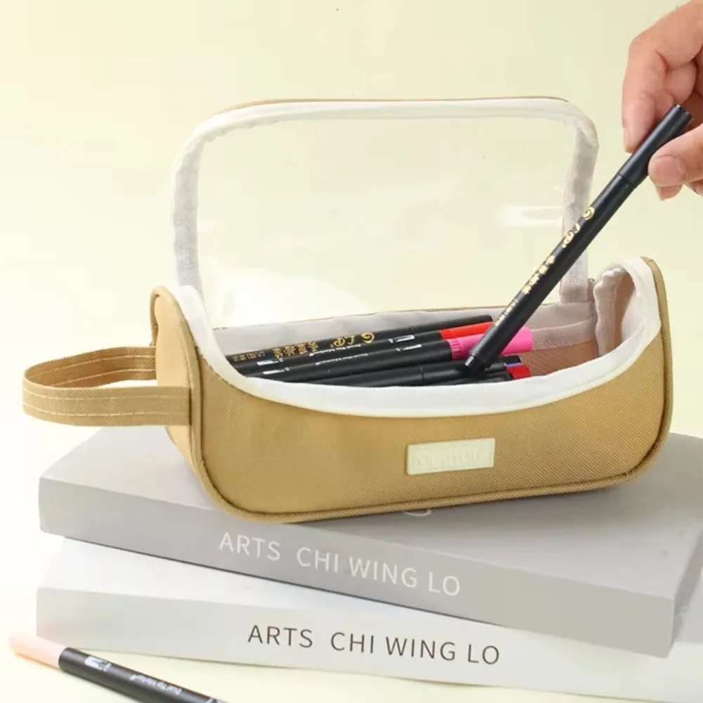 Transparent Window Pencil Case Circle Ring Zipper Large Capacity Stationery Storage Bag Reinforced Carry Handle