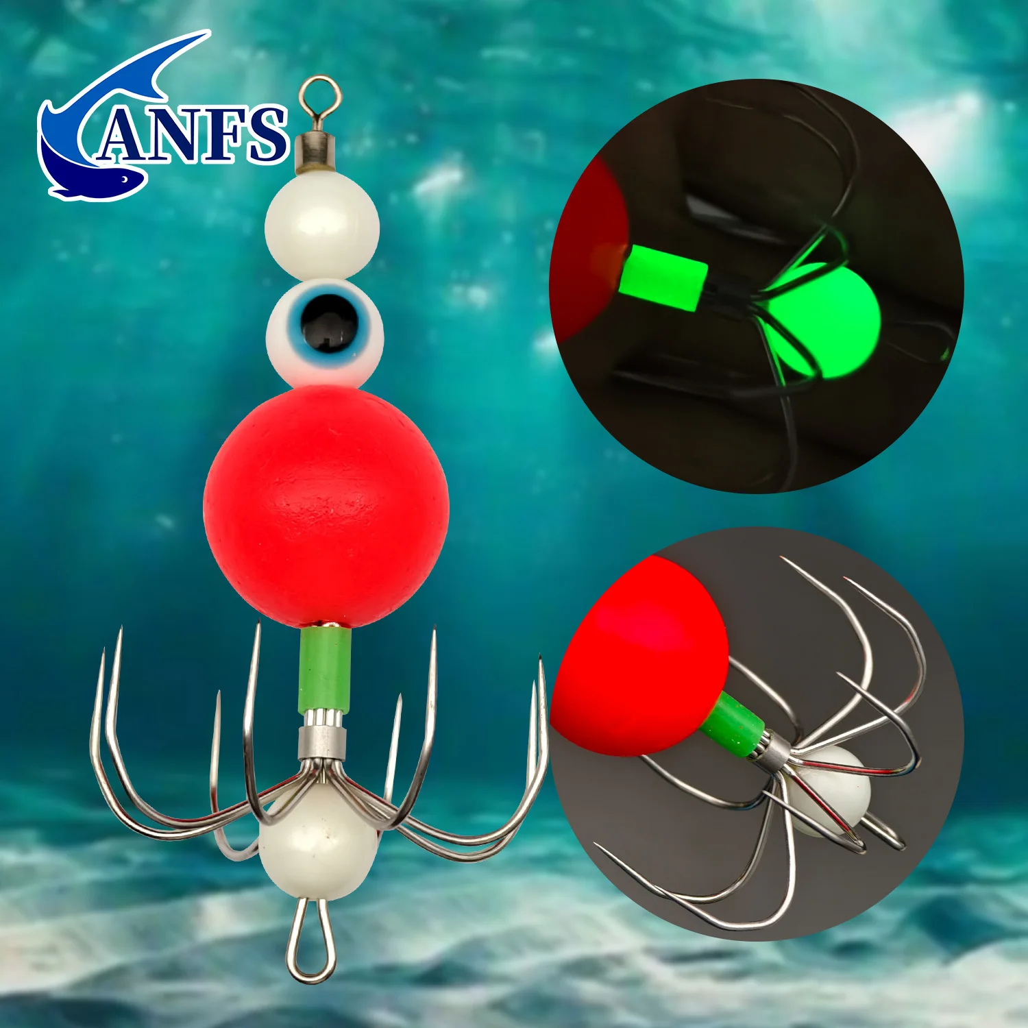 ANFS 3 قطع خطافات تهزهز الحبار مع صندوق - طُعم الأخطبوط من الفولاذ المقاوم للصدأ مع خرز مضيء - مجموعة طُعم للصيد الليلي