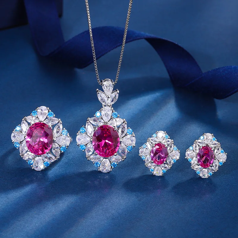 

New European and American popular ring set in rose red corundum for women 10*12-6*8