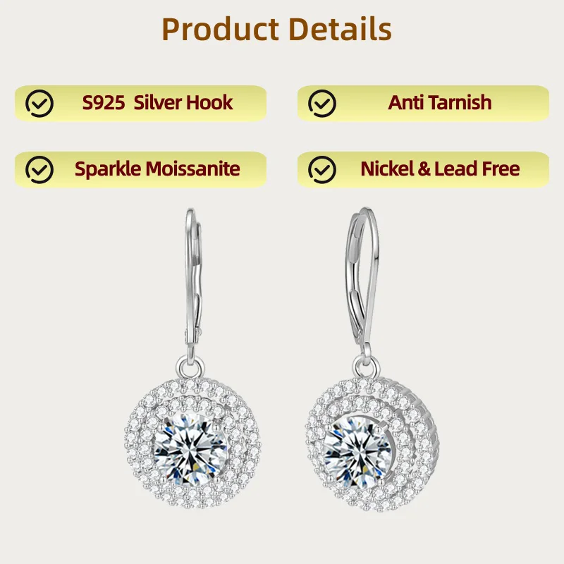 

LAMVOICE jewelry for women/earrings Hook with moissanite S925 sterling silver earrings Valentine’s Day gift for her
