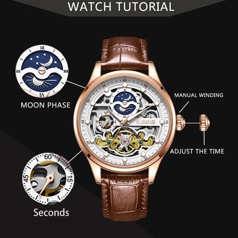 Men's Simple Dial Mechanical Watch with Leather Strap