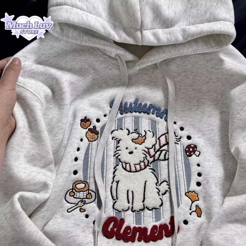 

Plush Dog Embroidered Long Sleeved Hooded Sweatshirt Men and Women Autumn and Winter Fashion Trend Casual Comfy Couple Top Coat